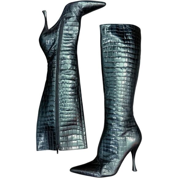VIA SPIGA Black Leather Knee High Boots Croc Embossed Boots Stiletto High Heel B - Picture 1 of 10